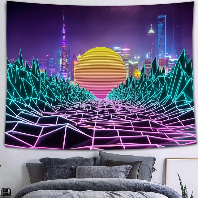 Ultraviolet Tapestry Fluorescent Tapestry Future City Tapestry 3D World Home Decor Boho Decor Hippie Tapestry Wall Hanging - DormVibes