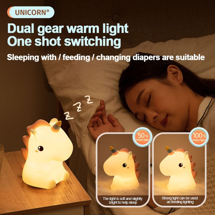 Unicorn Cute Silicone LED Night Light – Kids' and Children's USB Rechargeable Cartoon Animal Bedroom Decor, Touch Night Lamp, Ideal Gifts - DormVibes