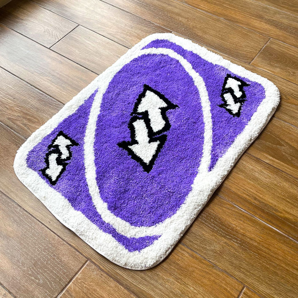 UNO Reverse Card Tufted Rug: Handmade, Fluffy, Soft Mat in Purple for Girl's Rooms and Birthday Gifts - DormVibes