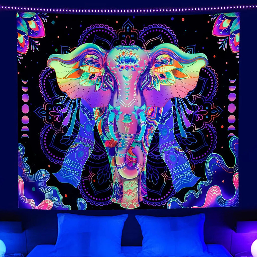 UV Reactive Blacklight Mandala Elephant Tapestry: Bohemian Psychedelia - DormVibes