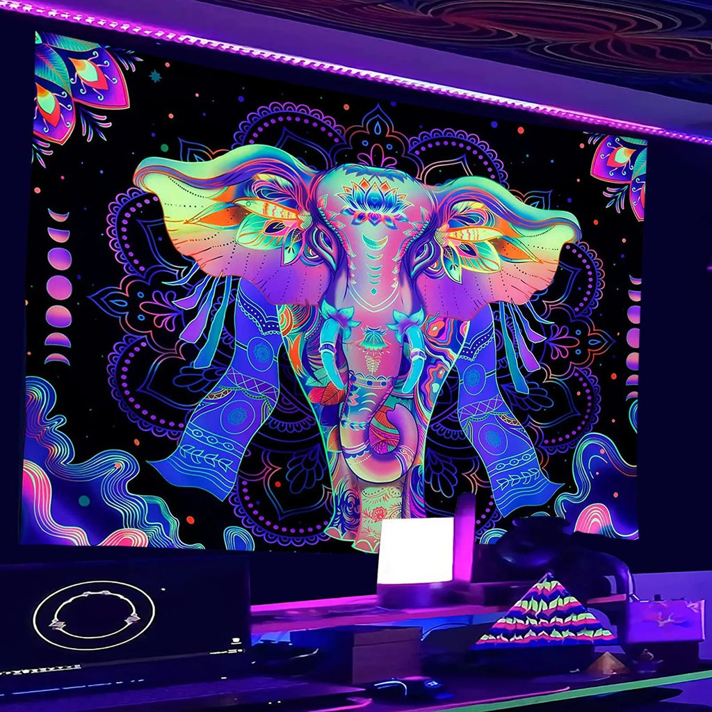 UV Reactive Blacklight Mandala Elephant Tapestry: Bohemian Psychedelia - DormVibes