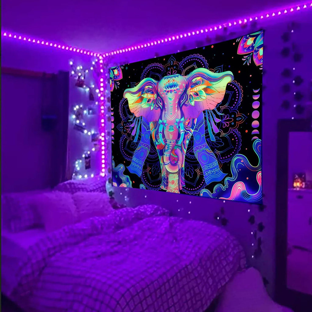 UV Reactive Blacklight Mandala Elephant Tapestry: Bohemian Psychedelia - DormVibes