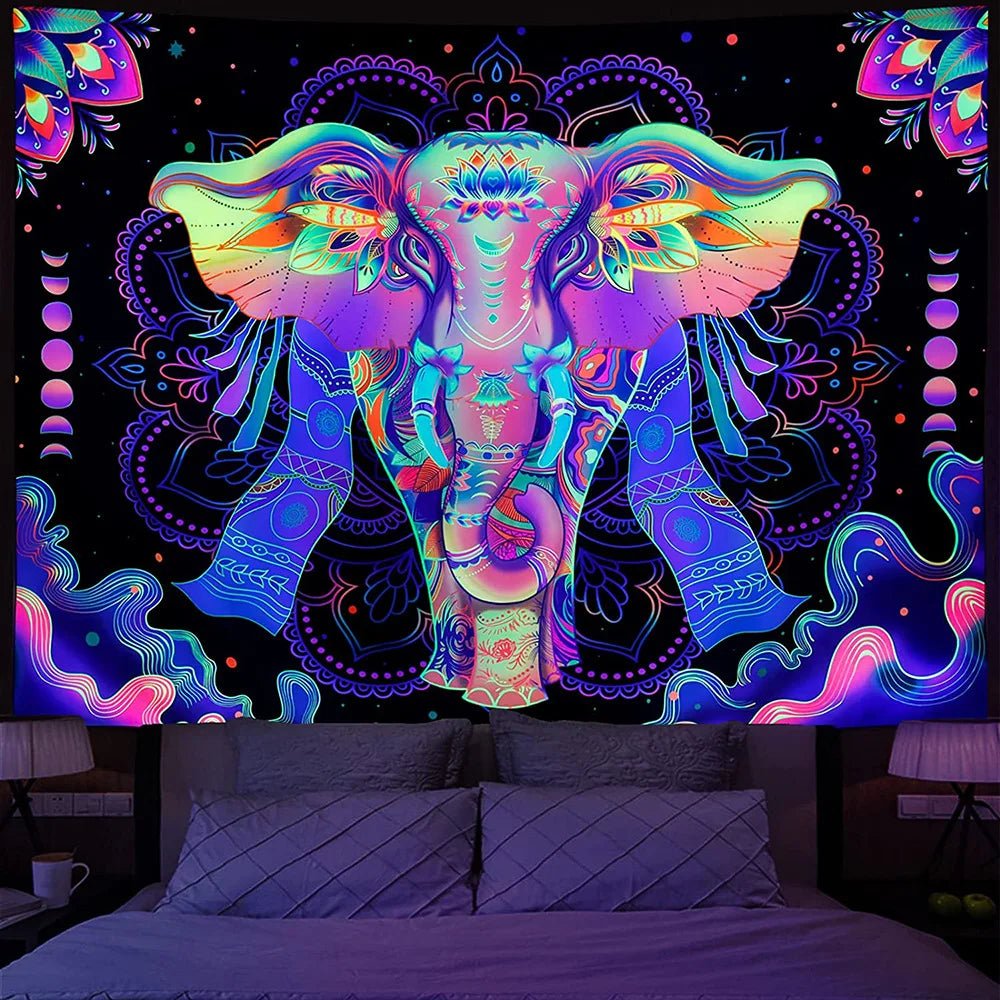 UV Reactive Blacklight Mandala Elephant Tapestry: Bohemian Psychedelia - DormVibes