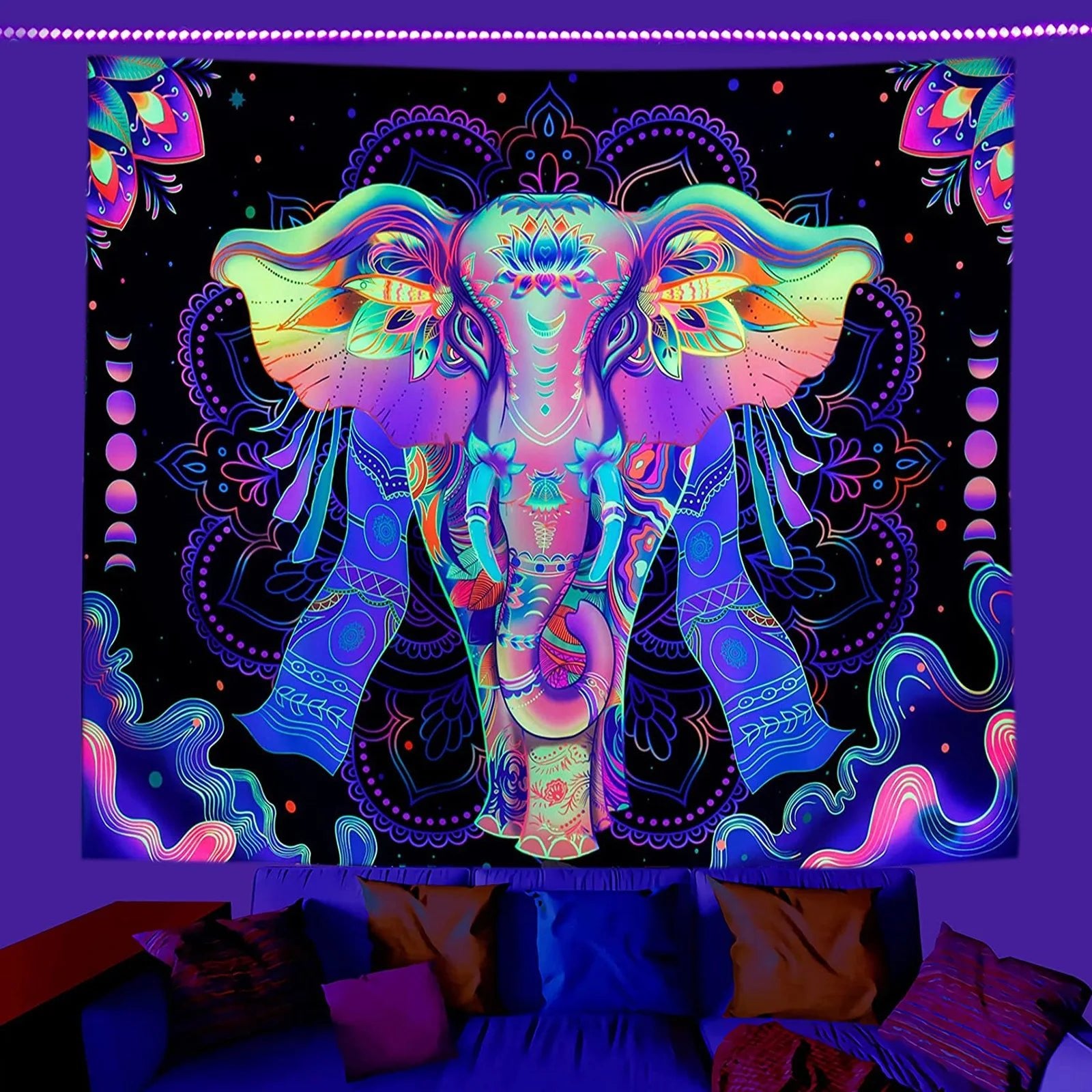 UV Reactive Blacklight Mandala Elephant Tapestry Bohemian Psychedelia DormVibes