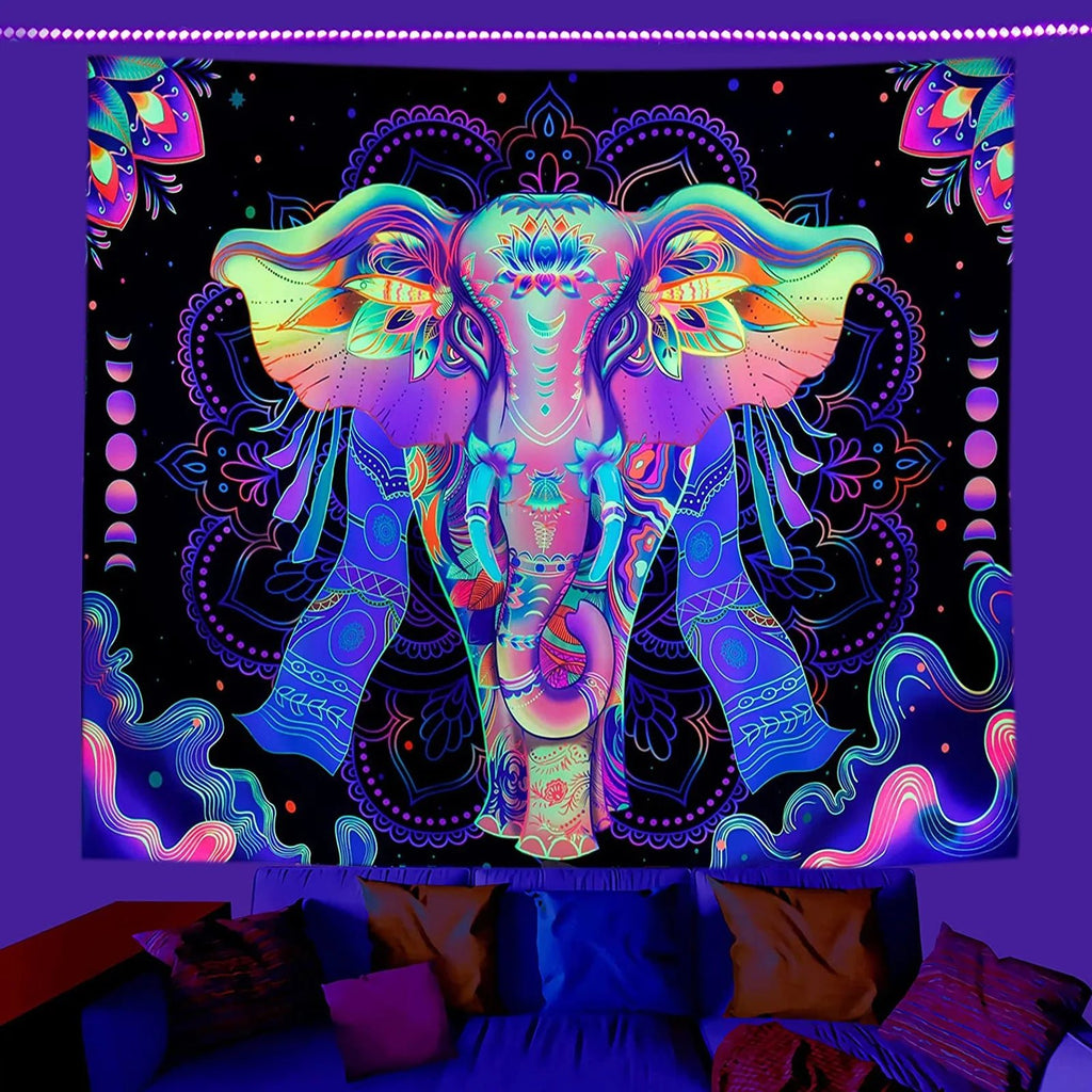 UV Reactive Blacklight Mandala Elephant Tapestry: Bohemian Psychedelia - DormVibes