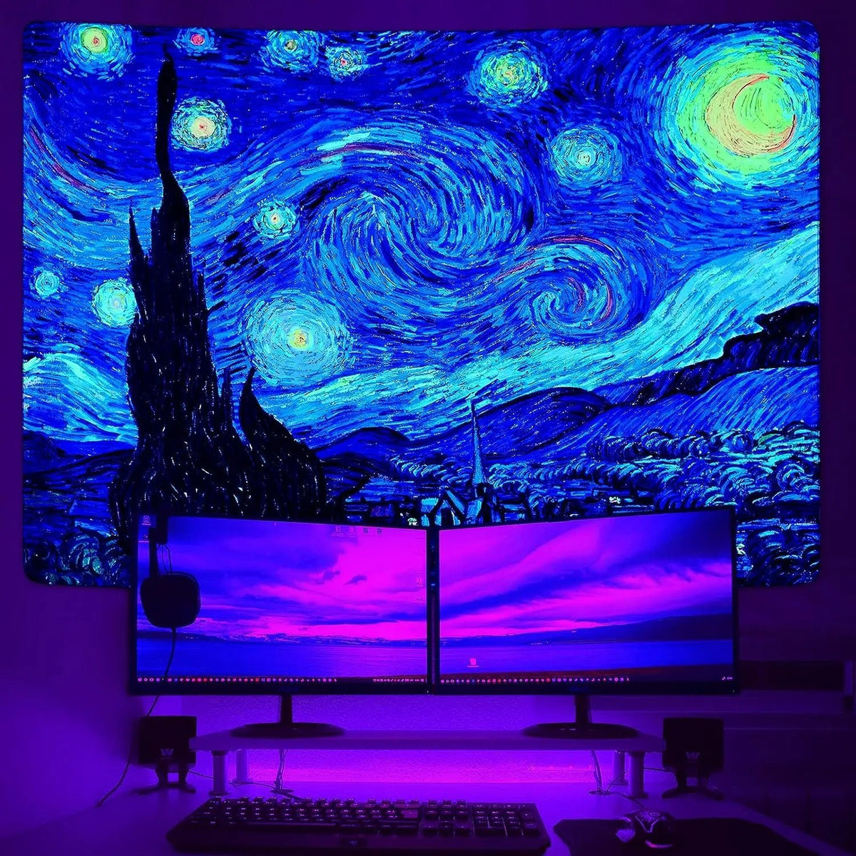 UV Reactive Blacklight Starry Night Tapestry: Van Gogh Reimagined - DormVibes