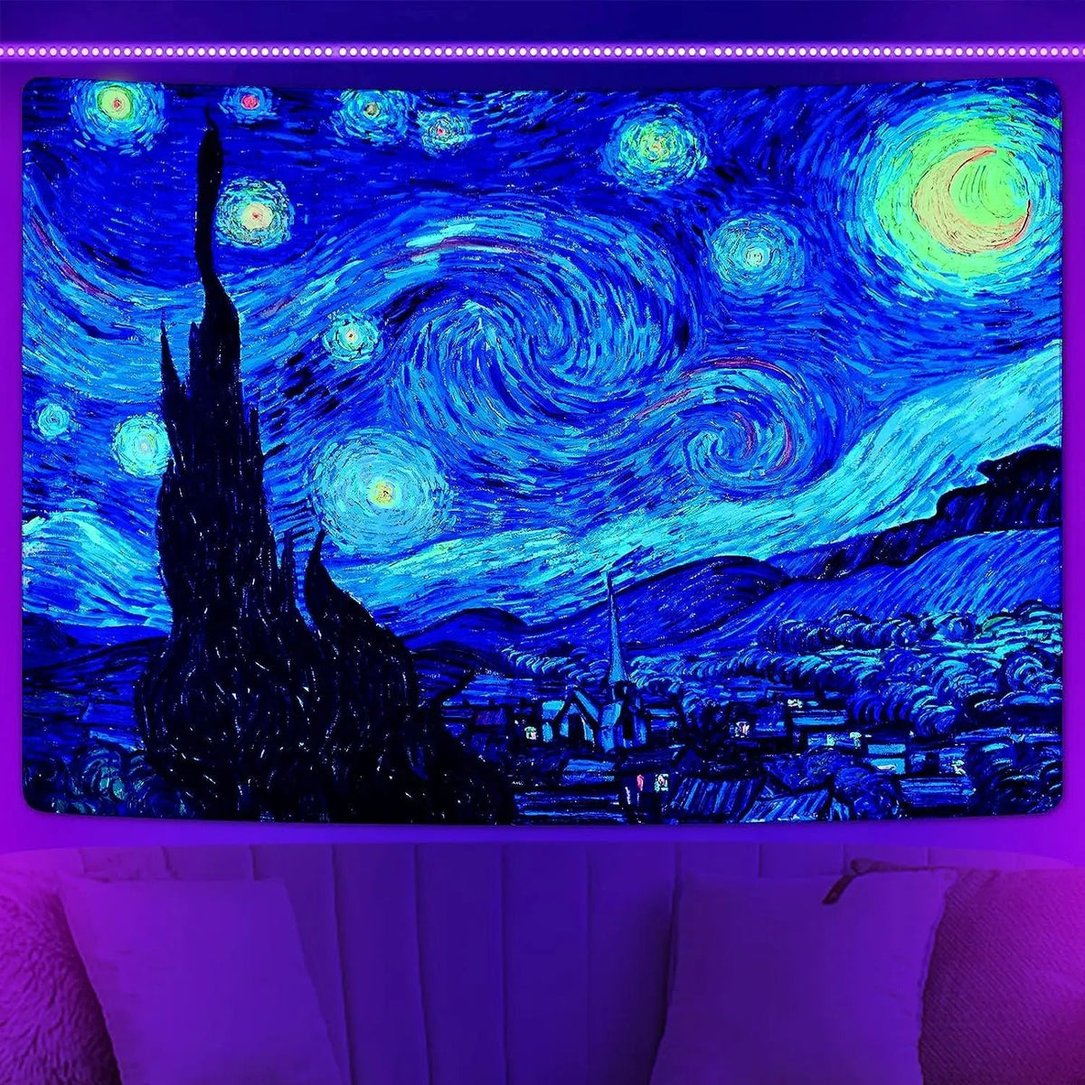 UV Reactive Blacklight Starry Night Tapestry: Van Gogh Reimagined - DormVibes