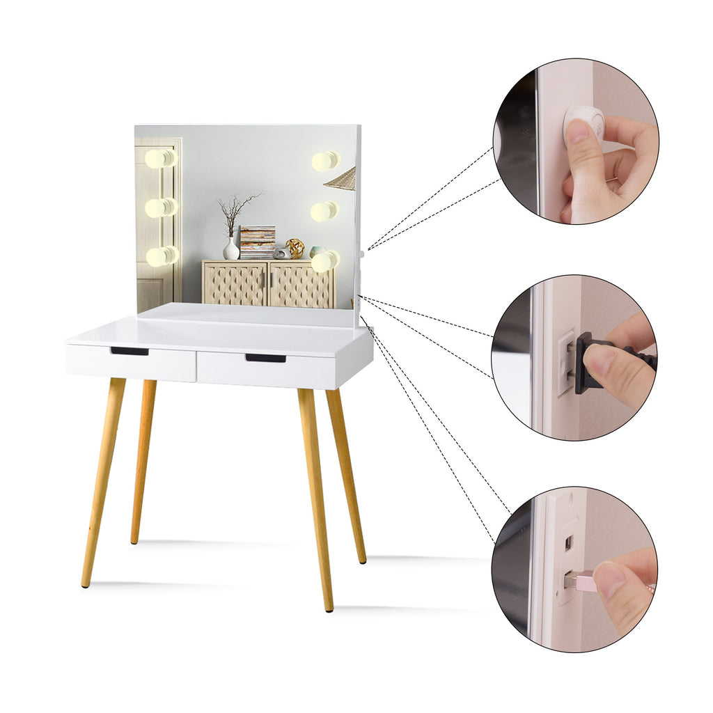 Vanity Mirror Desk with Adjustable LEDs and Charging Plugs - DormVibes