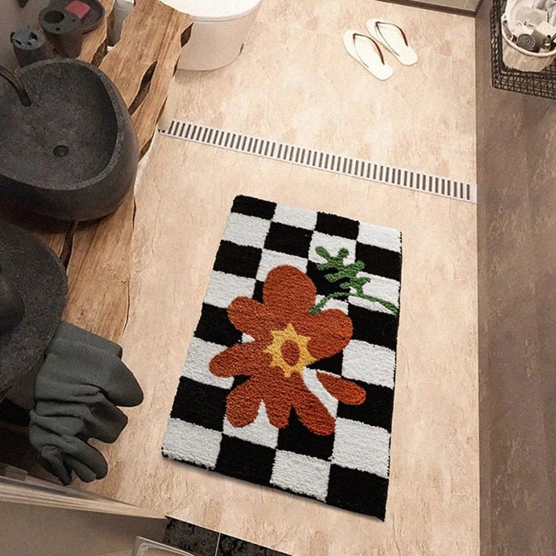 Vintage Chessboard Plaid Bath Mats - Cozy Retro Floral Carpet for Bathroom and Home Decor - DormVibes