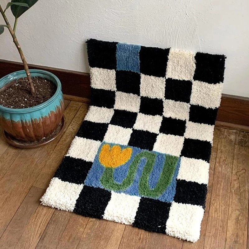 Vintage Chessboard Plaid Bath Mats - Cozy Retro Floral Carpet for Bathroom and Home Decor - DormVibes