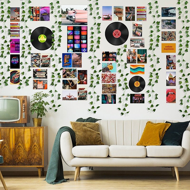 Vintage Vinyl Vibes Wall Collage Kit - Retro Aesthetic Art Prints, Fake Vines, and Trippy Dorm Bedroom Decor for Teens - DormVibes