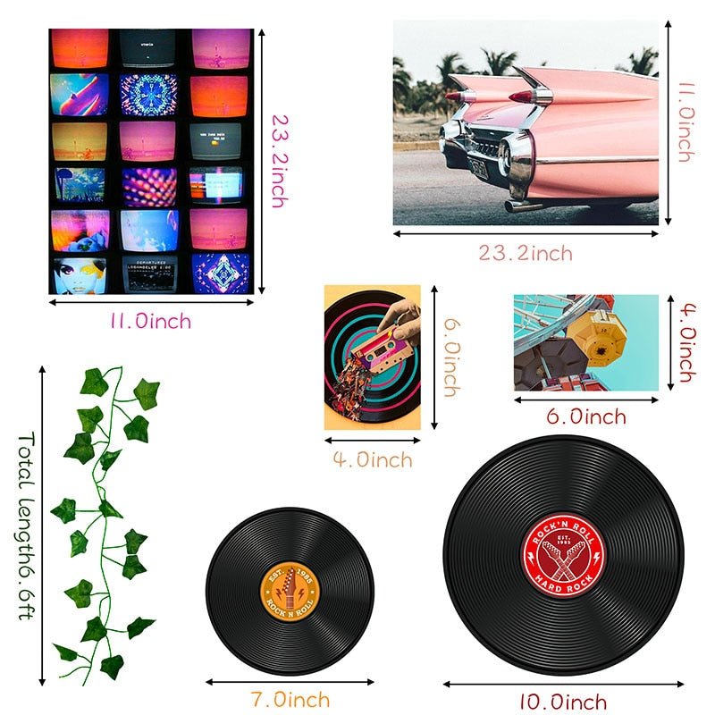 Vintage Vinyl Vibes Wall Collage Kit - Retro Aesthetic Art Prints, Fake Vines, and Trippy Dorm Bedroom Decor for Teens - DormVibes