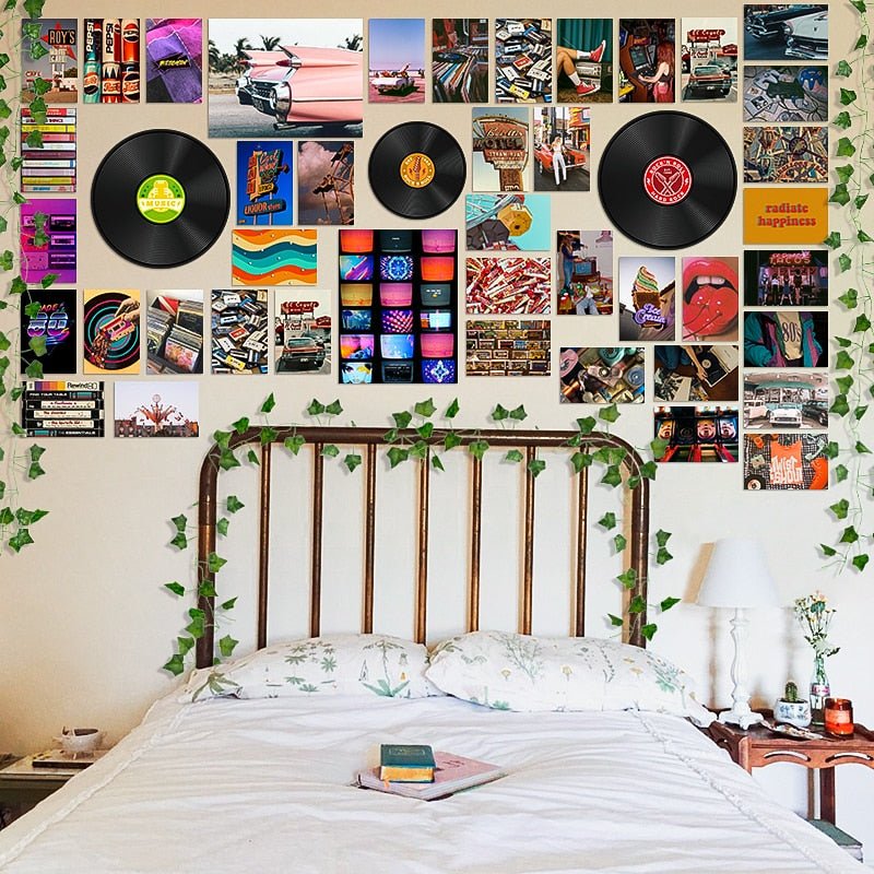 Vintage Vinyl Vibes Wall Collage Kit - Retro Aesthetic Art Prints