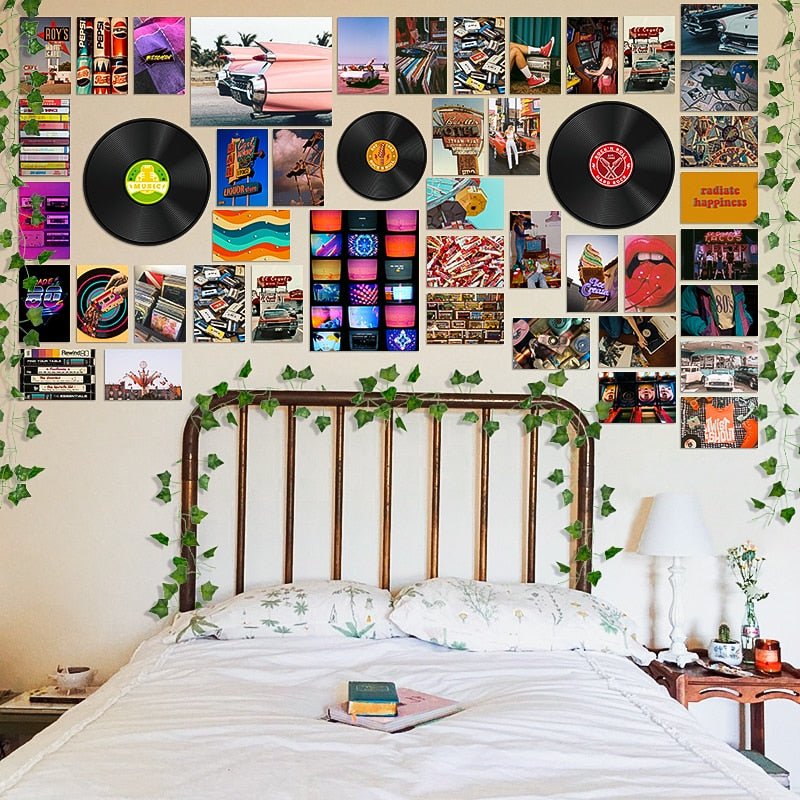 Vintage Vinyl Vibes Wall Collage Kit - Retro Aesthetic Art Prints, Fake Vines, and Trippy Dorm Bedroom Decor for Teens - DormVibes