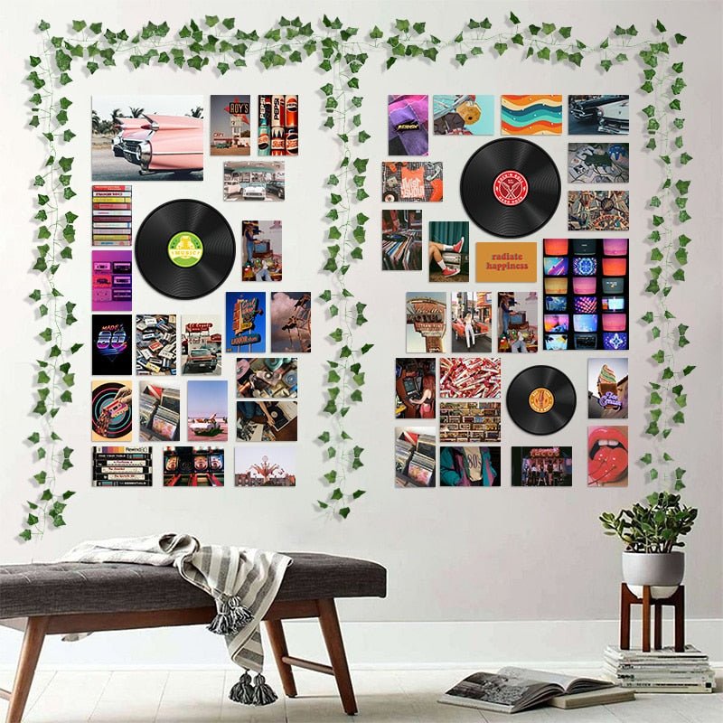 Vintage Vinyl Vibes Wall Collage Kit - Retro Aesthetic Art Prints, Fake Vines, and Trippy Dorm Bedroom Decor for Teens - DormVibes