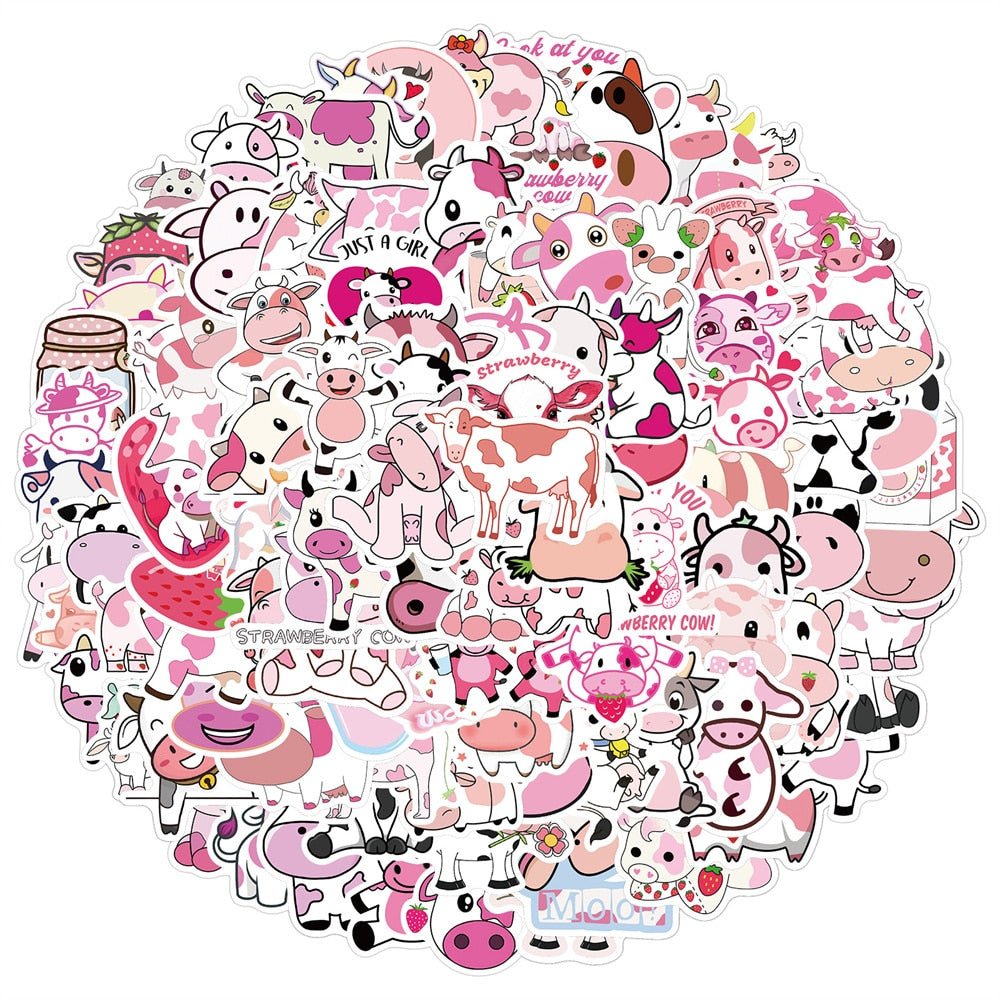 Whimsical Pink Cow Graffiti Waterproof Sticker Set - Creative Trendy Decals - DormVibes