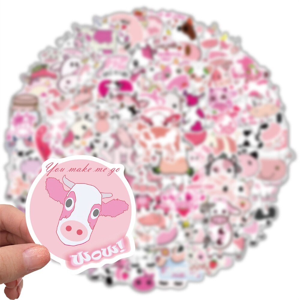 Whimsical Pink Cow Graffiti Waterproof Sticker Set - Creative Trendy Decals - DormVibes