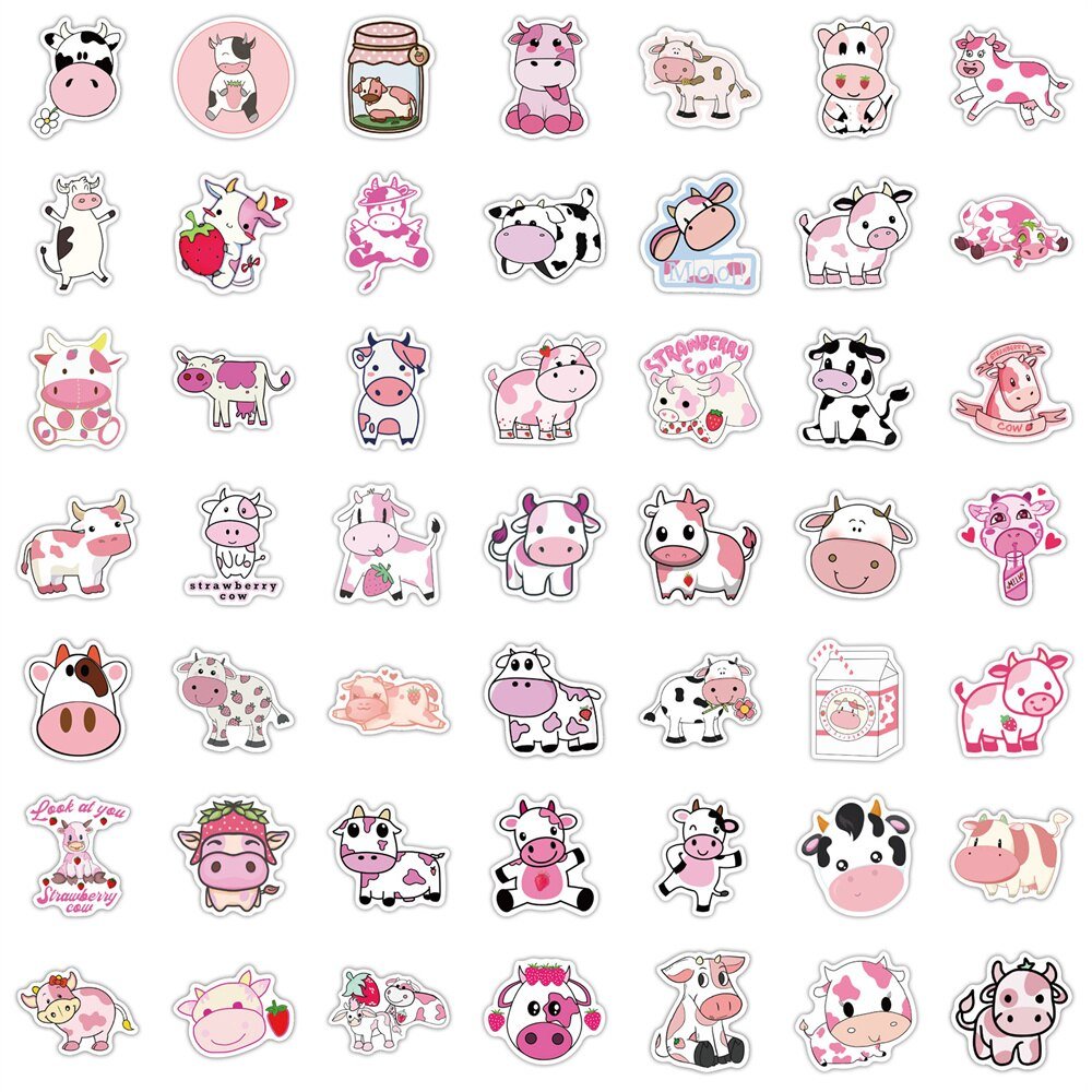 Whimsical Pink Cow Graffiti Waterproof Sticker Set - Creative Trendy Decals - DormVibes