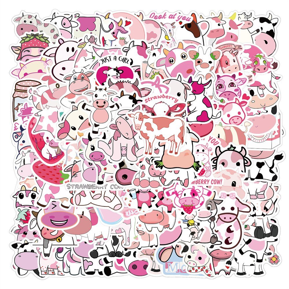 Whimsical Pink Cow Graffiti Waterproof Sticker Set - Creative Trendy Decals - DormVibes