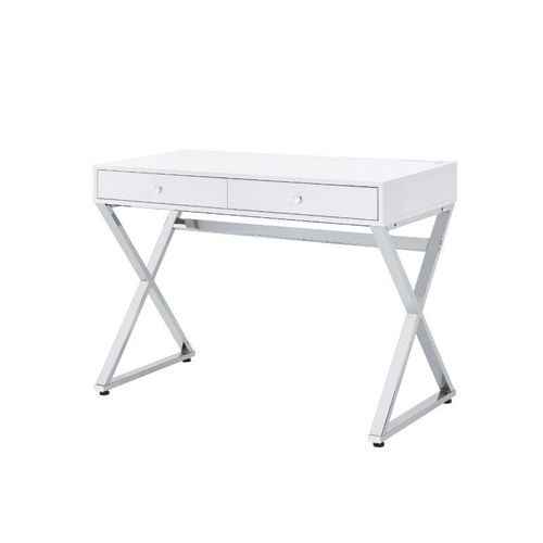 White and Chrome Glam Desk Table with Drawers and USB Plugs - DormVibes