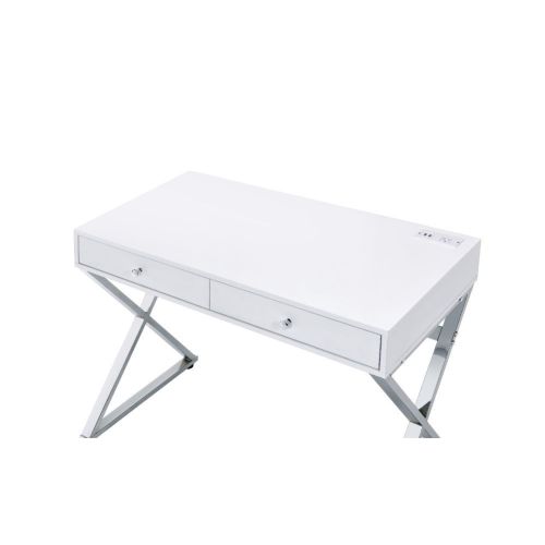 White and Chrome Glam Desk Table with Drawers and USB Plugs - DormVibes