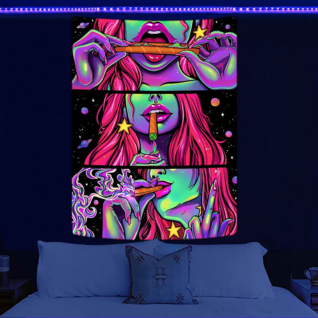 Woman Rolling Up Blunt Blacklight UV Tapestry - DormVibes