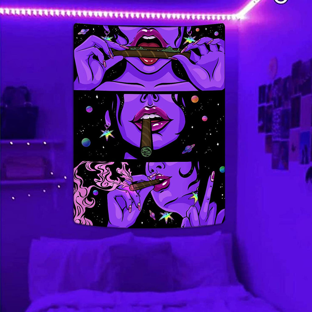 Woman Rolling Up Blunt Blacklight UV Tapestry - DormVibes