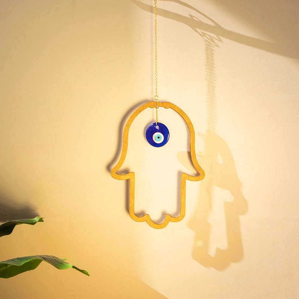 Wood Hamsa Hand Evil Eye Wall Hanging: Turkish Blue Eye Amulet for Good Luck and Home Protection - DormVibes
