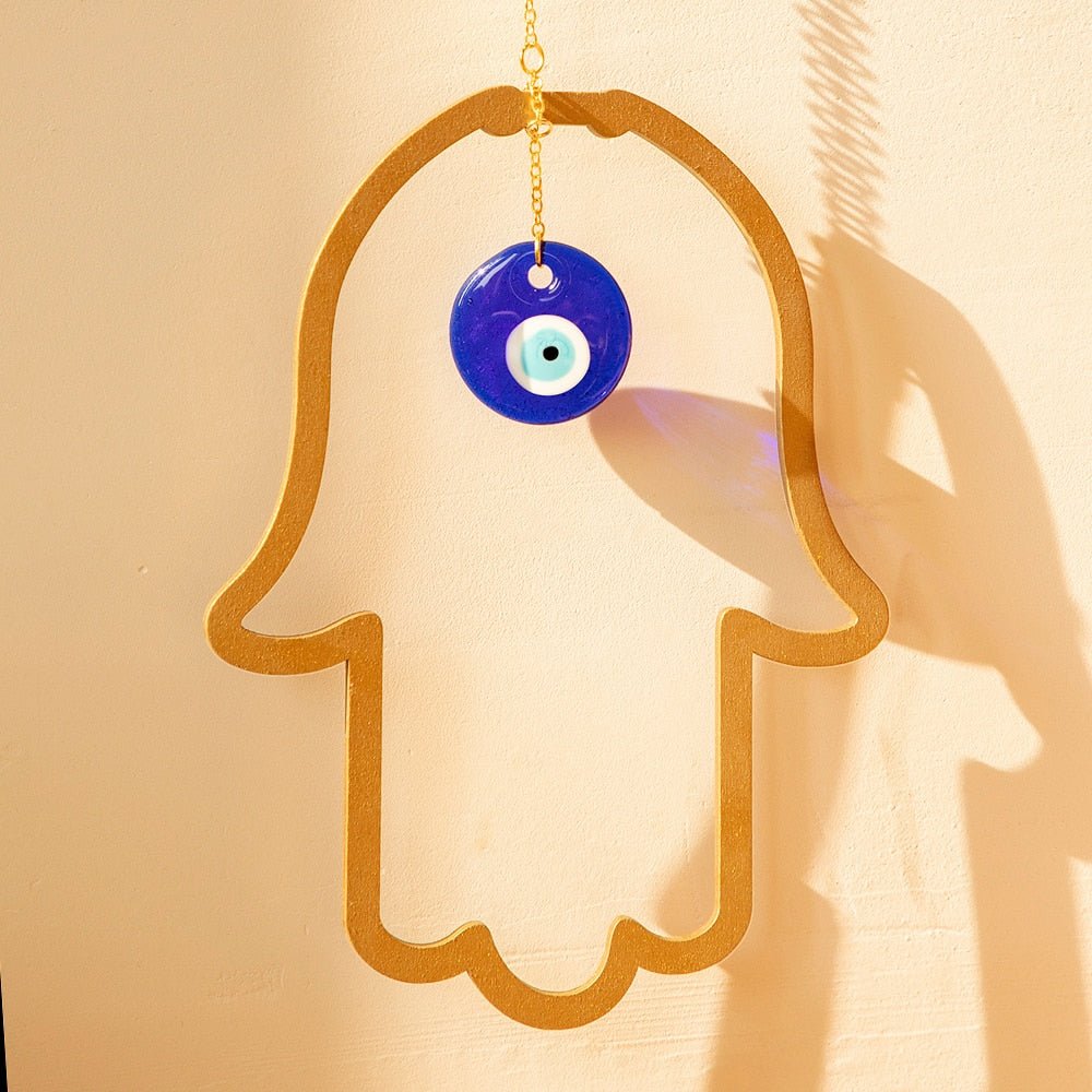 Wood Hamsa Hand Evil Eye Wall Hanging: Turkish Blue Eye Amulet for Good Luck and Home Protection - DormVibes