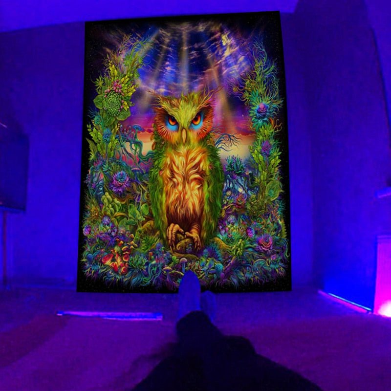 Yellow Owl Spiritual BlackLight Tapestry - DormVibes