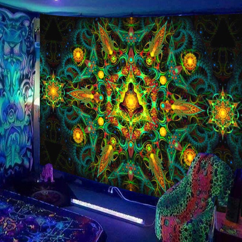 Yellow Spiritual Praying Trippy Blacklight Tapestry - DormVibes