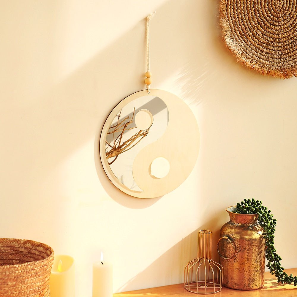 Ying Yang Feng Shui Wooden Mirror: Boho Wall Decor Mirror for Bedroom and Living Room, - DormVibes