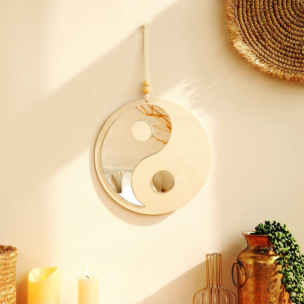 Ying Yang Feng Shui Wooden Mirror: Boho Wall Decor Mirror for Bedroom and Living Room, - DormVibes