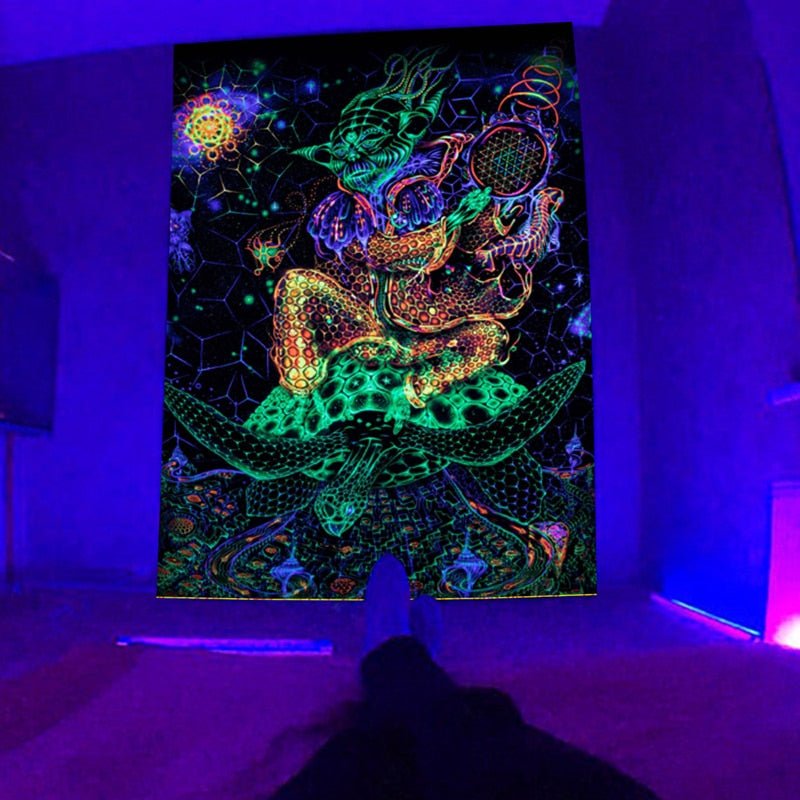 Yoda Riding Sea turtle Trippy Blacklight Tapestry - DormVibes