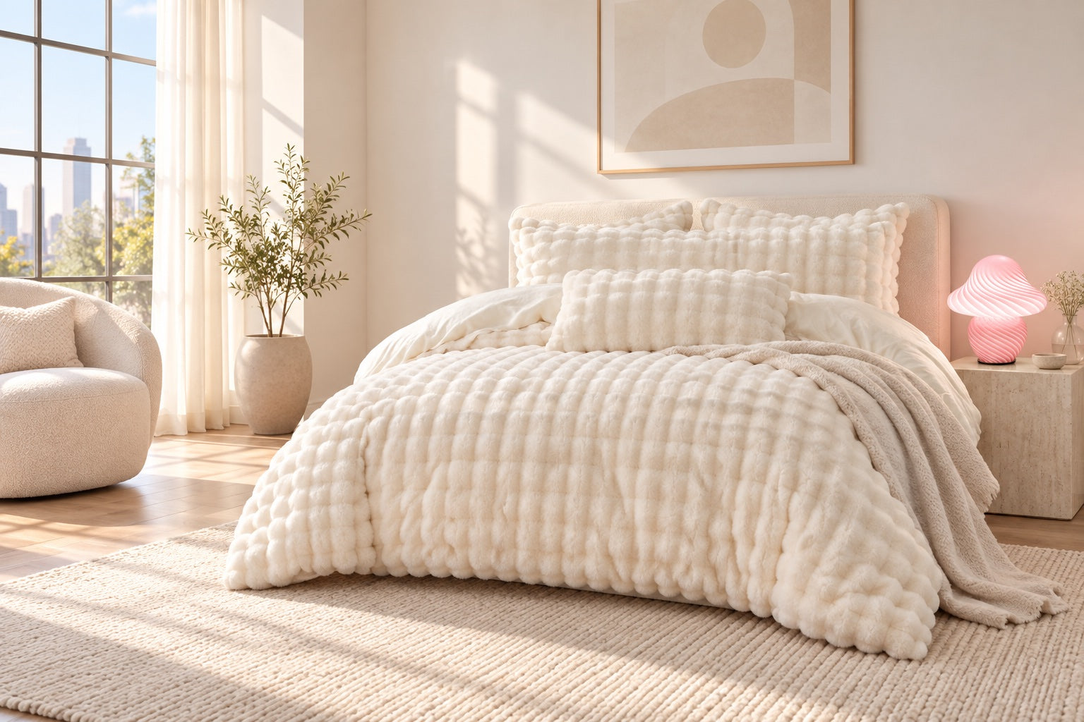 Cloud Puff Plush Bubble Bedding Set with the Glass Mushroom Lamp