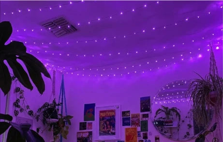 DormVibes room with purple lights, ceiling string lights and wall decor