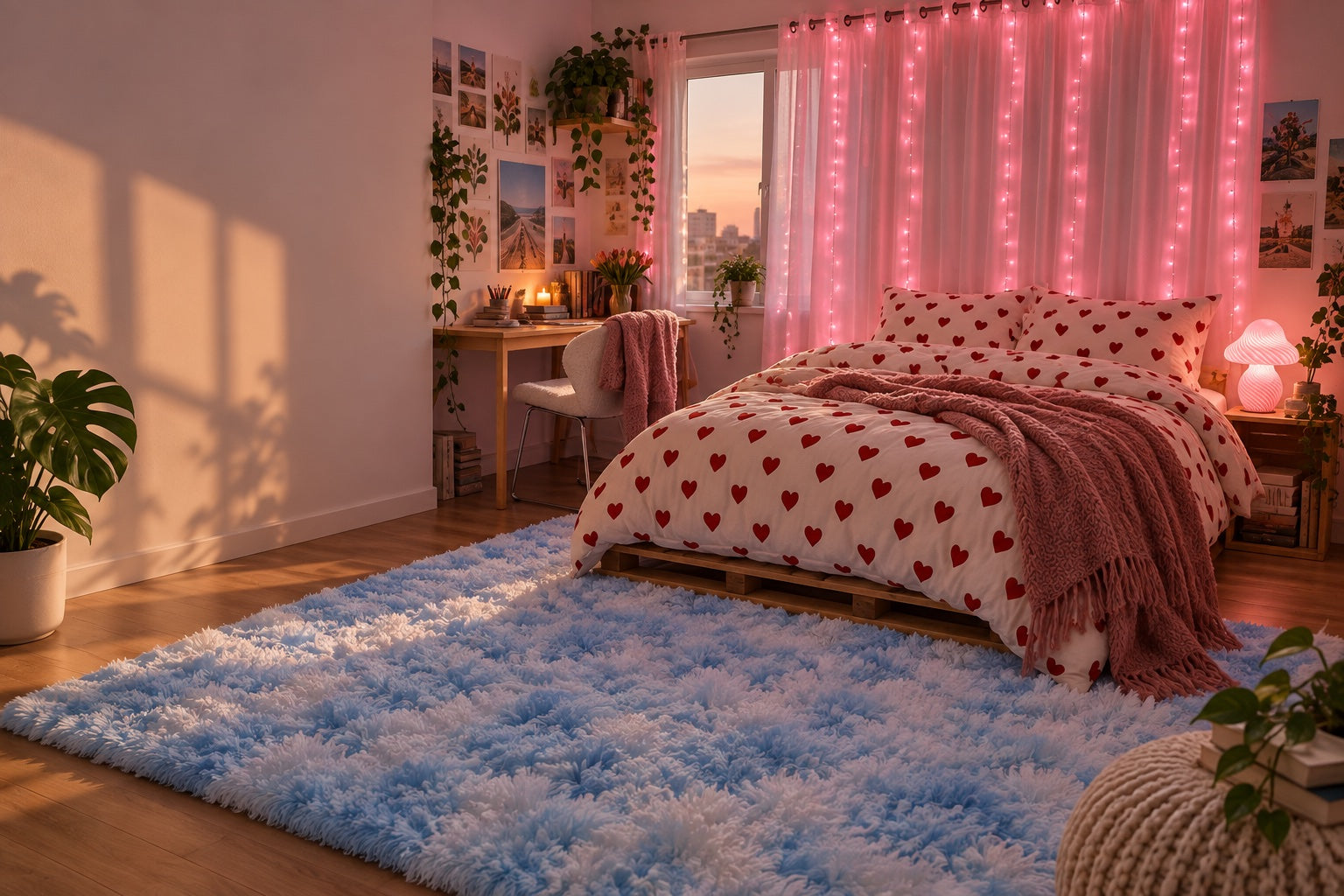 Red Heart Cute Bed Set with DormVibes wall lights, mushroom lamp, and Pluffy rug