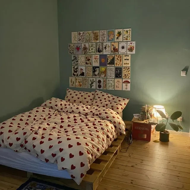 Bedding styled in a bedroom