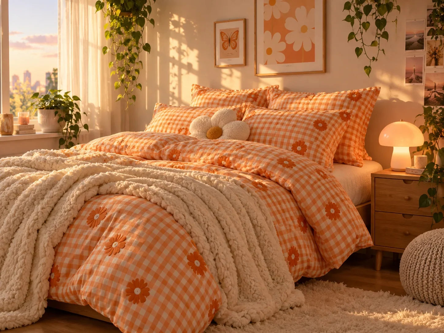The cozy edit: orange bedding and warm decorative lamps