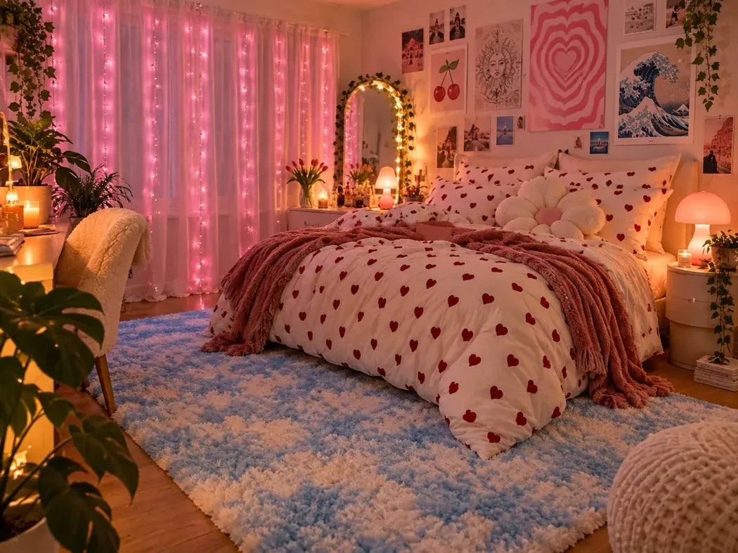 The sweet escape: pink heart bedding with warm room lighting