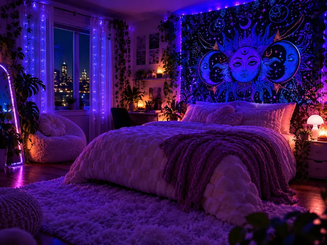 After dark: a bedroom styled with purple and blue lighting
