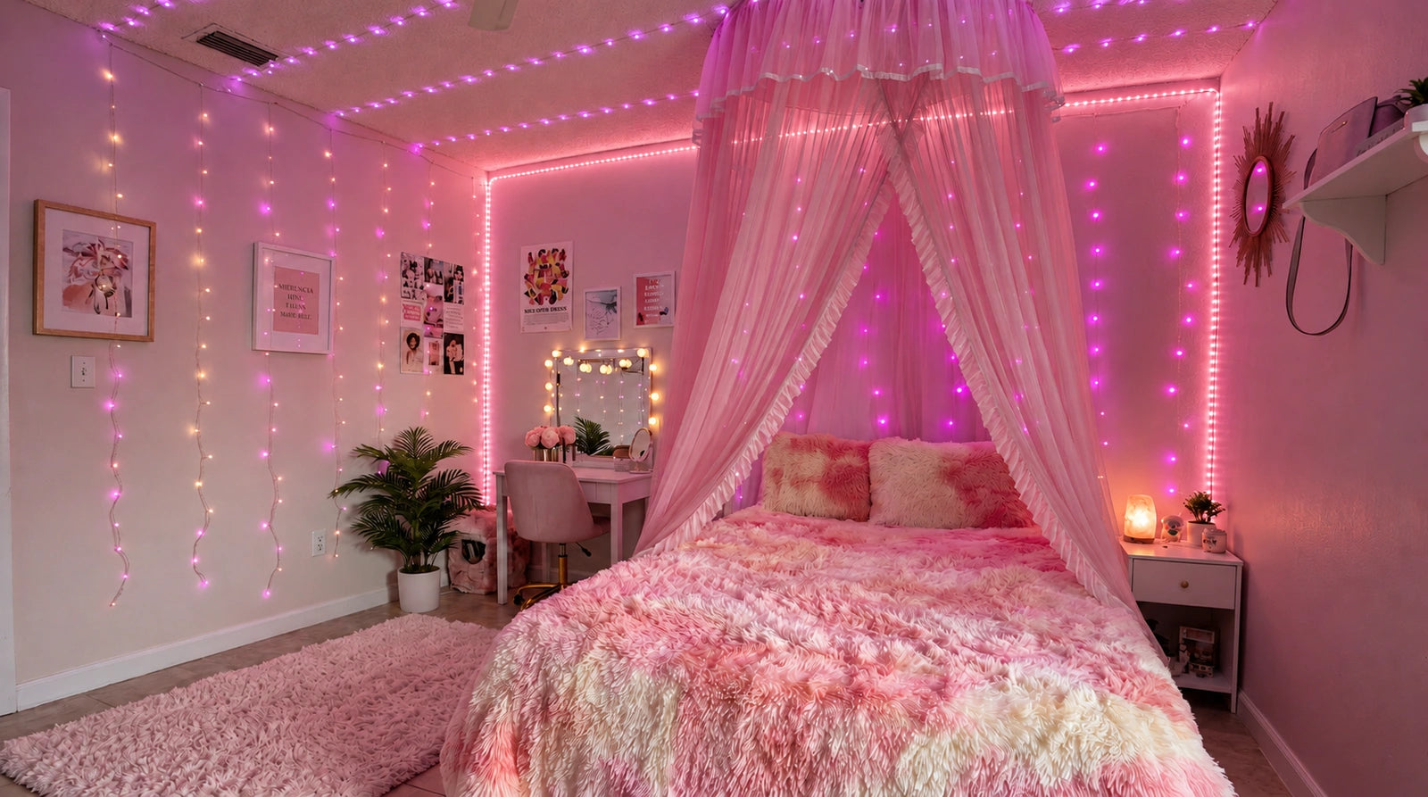 Fluffy bedding beneath a sheer canopy with pink and purple bedroom lights
