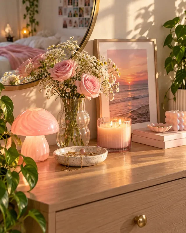 Decorative lamps, flowers, and bedroom accents